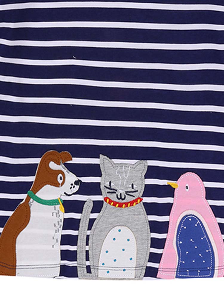 Animal Friends - Navy & White Striped Girls Dress with Cat, Dog and Bird Applique Details - Stylemykid.com