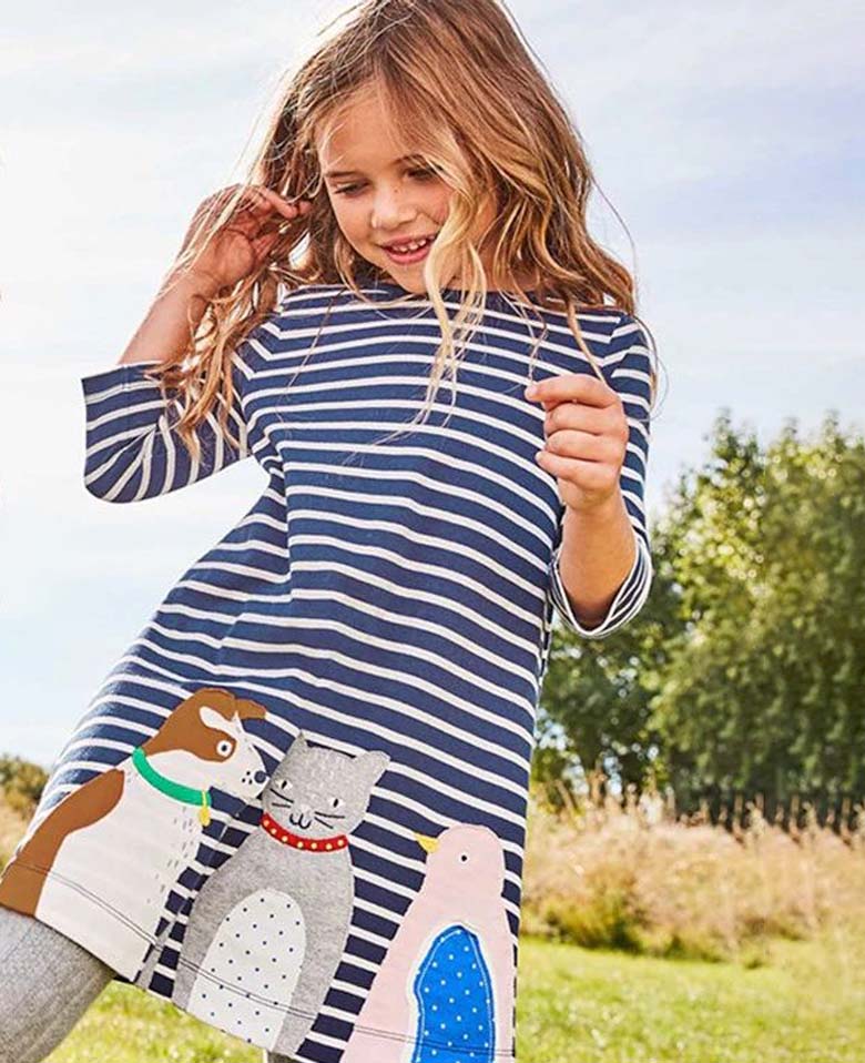 Animal Friends - Navy & White Striped Girls Dress with Cat, Dog and Bird Applique Details - Stylemykid.com