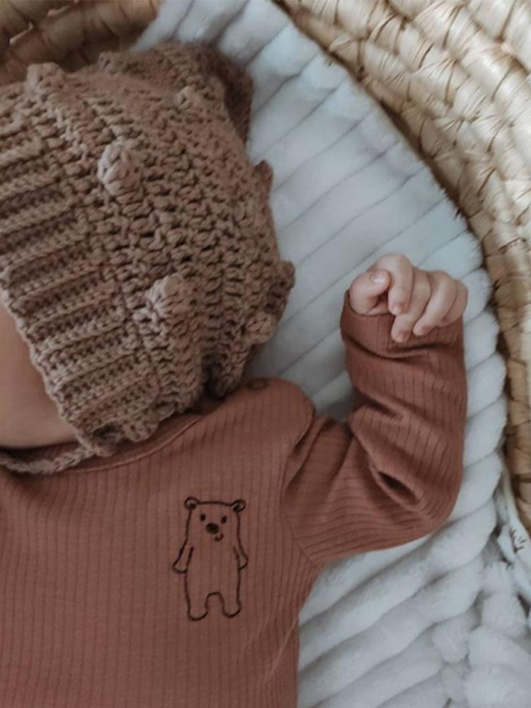 Artie - Ribbed Chestnut Baby Bodysuit With Bear Embroidery - From 0 to 18 Months - Stylemykid.com