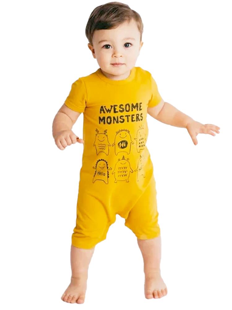 Artie - Awesome Monsters - Mustard Short Sleeve Summer Romper 9 to 24 Months - Stylemykid.com
