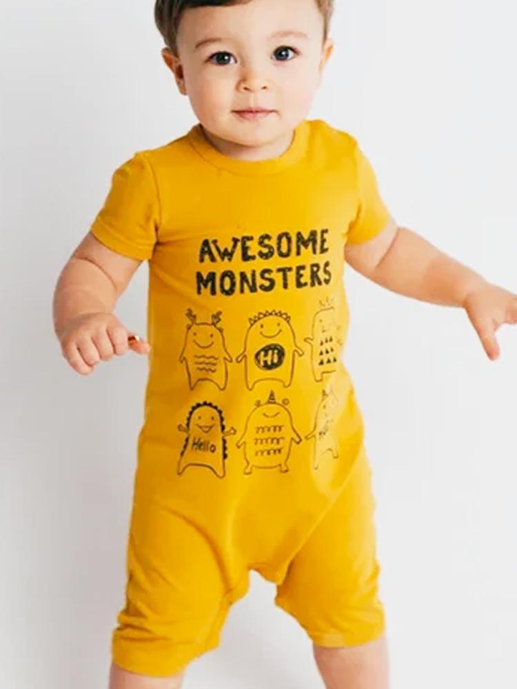 Artie - Awesome Monsters - Mustard Short Sleeve Summer Romper 9 to 24 Months - Stylemykid.com