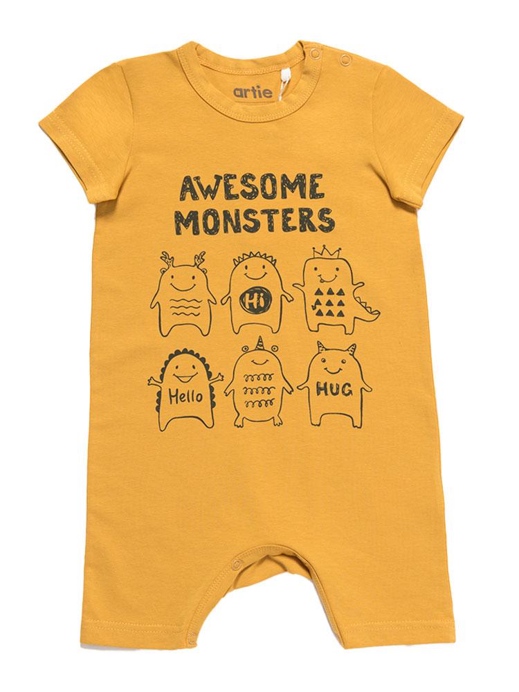 Artie - Awesome Monsters - Mustard Short Sleeve Summer Romper 9 to 24 Months - Stylemykid.com