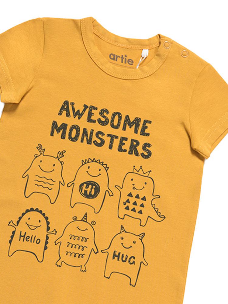 Artie - Awesome Monsters - Mustard Short Sleeve Summer Romper 9 to 24 Months - Stylemykid.com