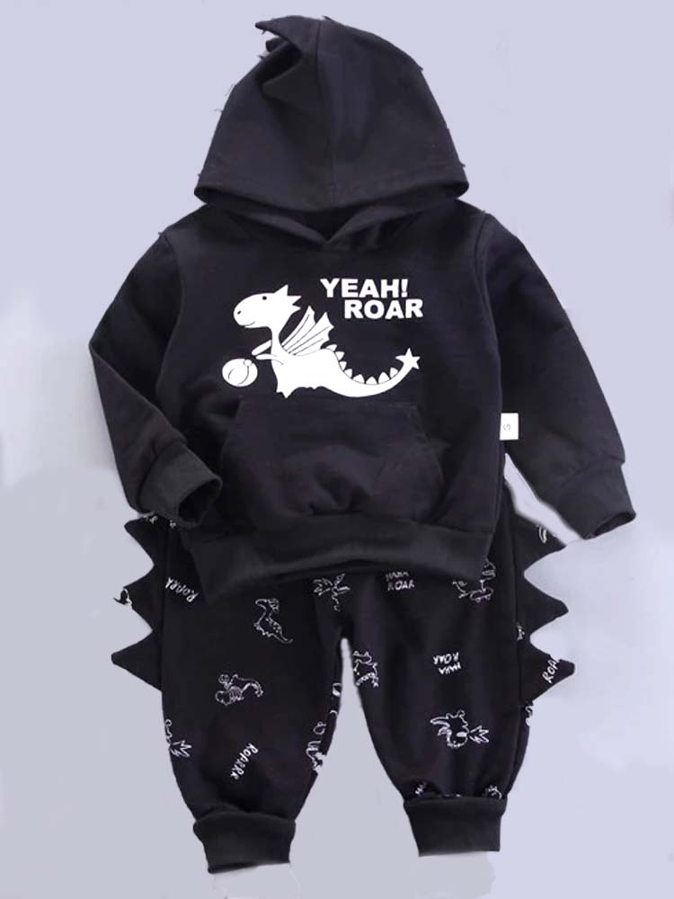 Yeah Roar! Dinosaur Spikes Hoodie & Pants - 2 Piece Boys Outfit - Black and White - 1-5Y - Stylemykid.com