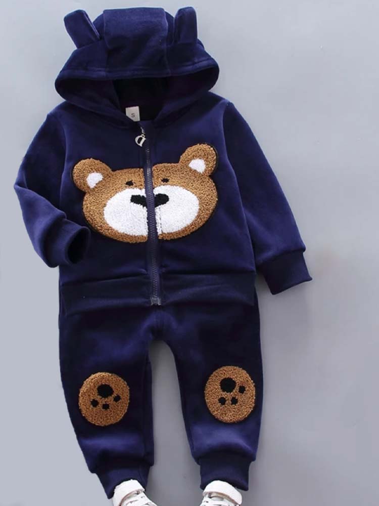 Bear Face Velour Hooded Zip Top & Bottoms - 2 Piece Outfit - Navy Blue - 1 to 4 years - Stylemykid.com