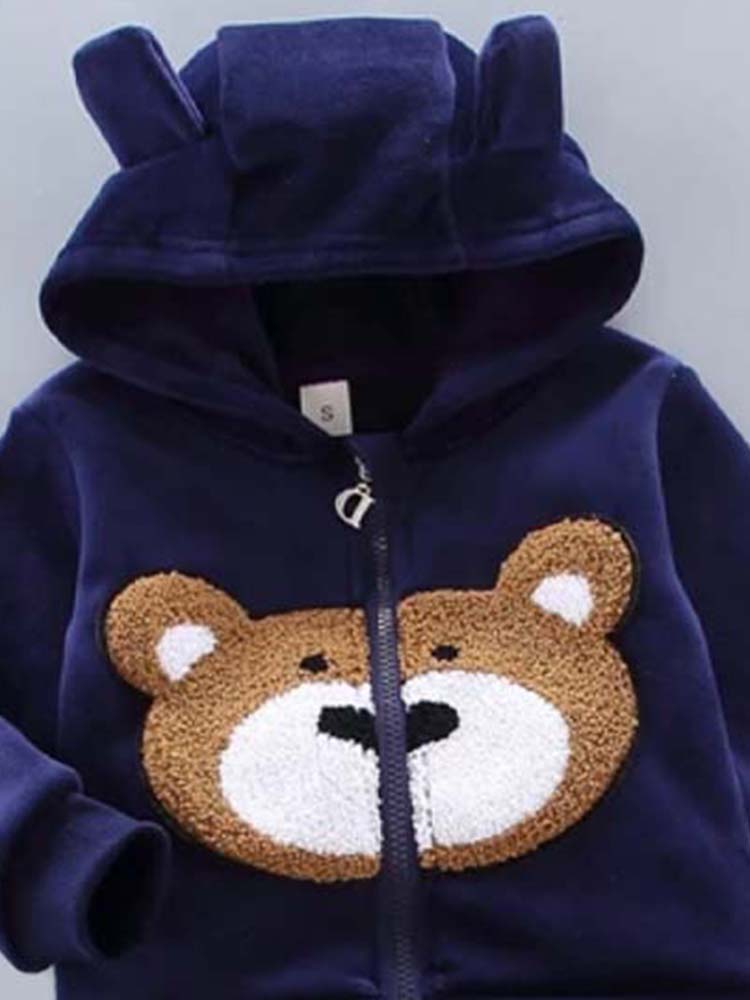 Bear Face Velour Hooded Zip Top & Bottoms - 2 Piece Outfit - Navy Blue - 1 to 4 years - Stylemykid.com