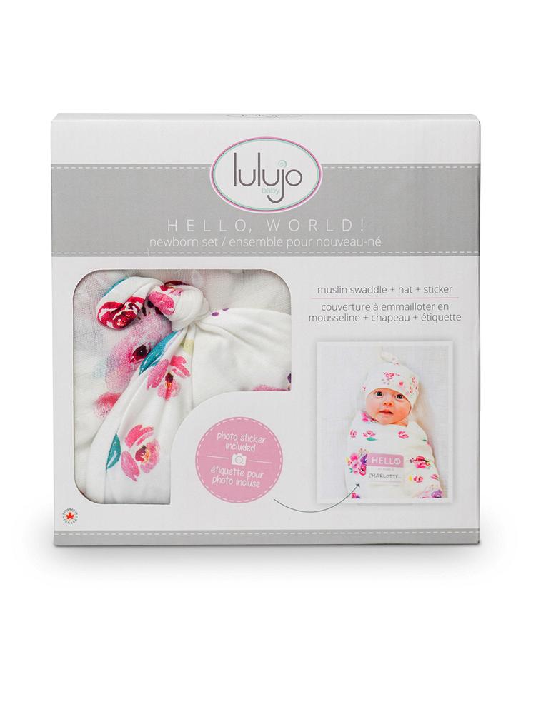 Hat And Swaddle Blanket Hello World Set For New Born By Lulujo Posies