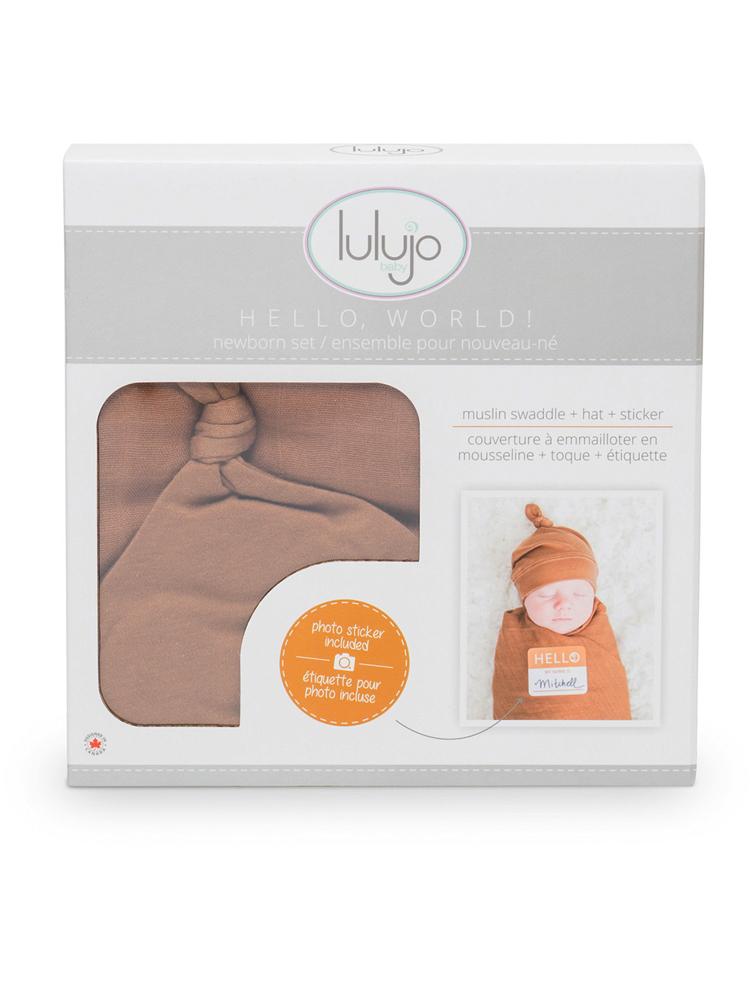 Hat And Swaddle Blanket Hello World Set For New Born By Lulujo Tan