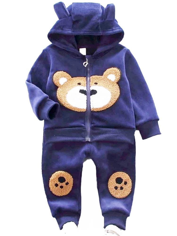 Bear Face Velour Hooded Zip Top & Bottoms - 2 Piece Outfit - Navy Blue - 1 to 4 years - Stylemykid.com
