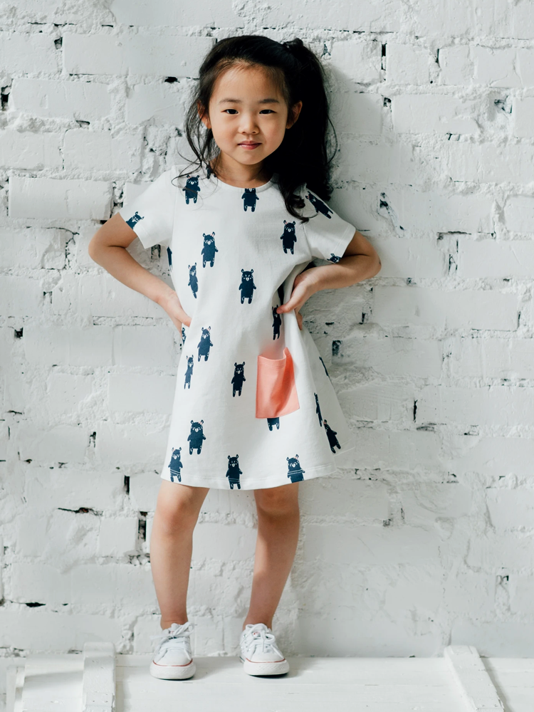 Artie - Girls White French Terry Tunic Dress with Playful Bear Navy Pattern 9 to 12 months - Stylemykid.com
