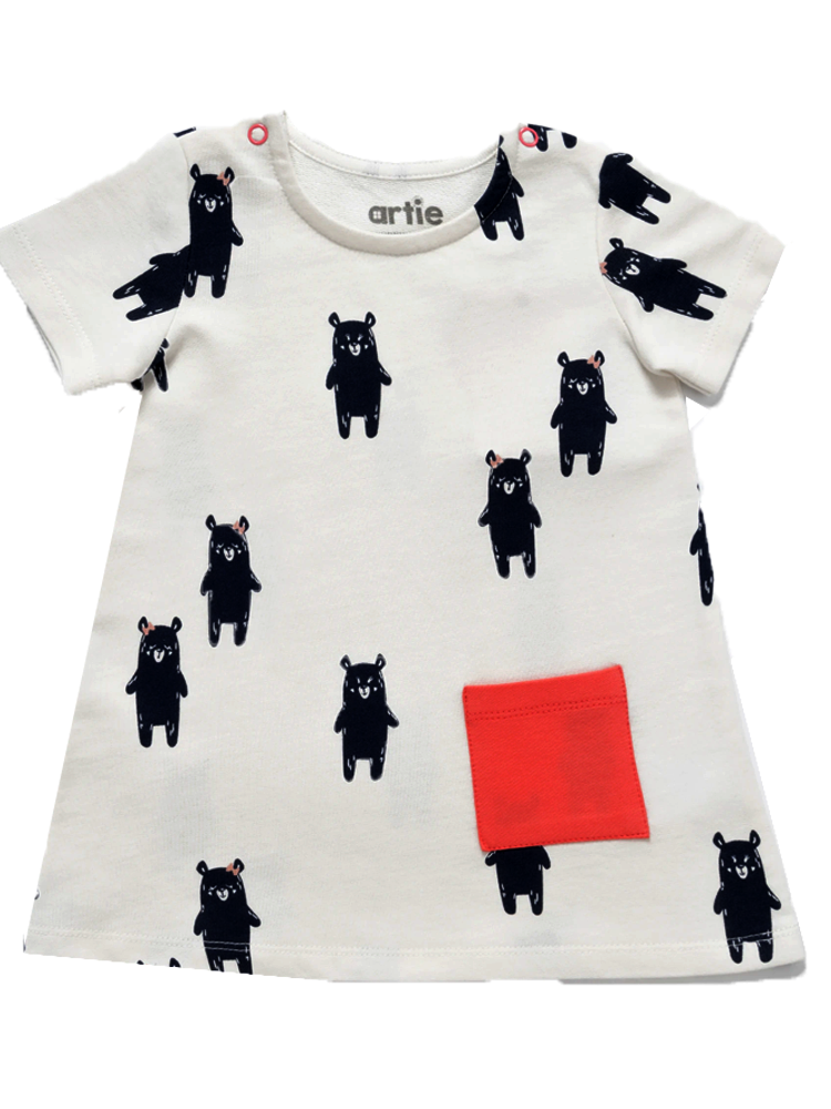 Artie - Girls White French Terry Tunic Dress with Playful Bear Navy Pattern 9 to 12 months - Stylemykid.com