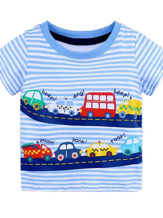 Beeping Bus Striped Short Sleeve T-Shirt - Blue and White Striped - Stylemykid.com