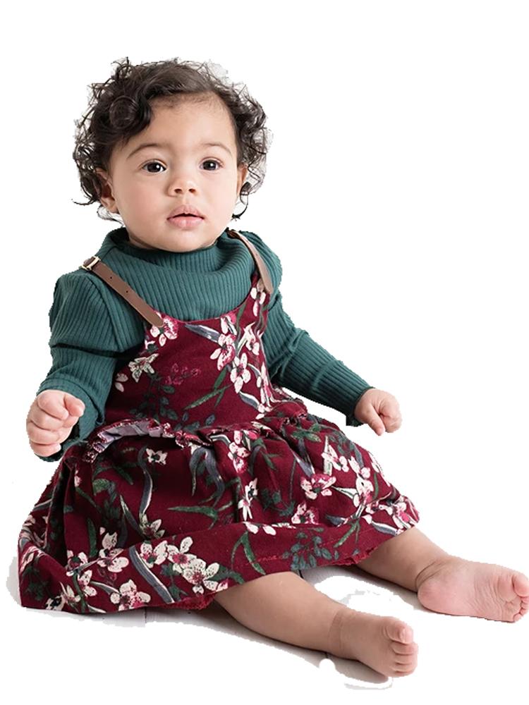 Floral Pinafore Girls Dress and Ribbed Long Sleeve Top - Berry Red and Green - Stylemykid.com