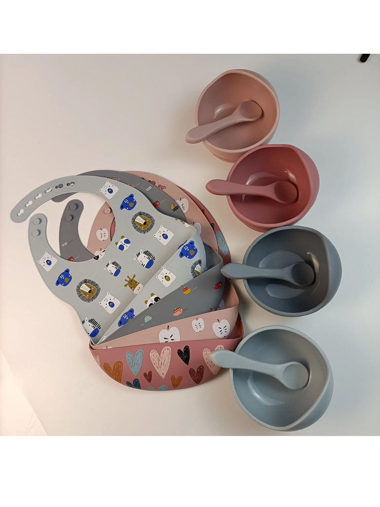 Silicone Bibs & Bowl Baby Feeding Set - Bibs X 2, Food Bowl and Spoon - Zoo & Deep Blue - Stylemykid.com