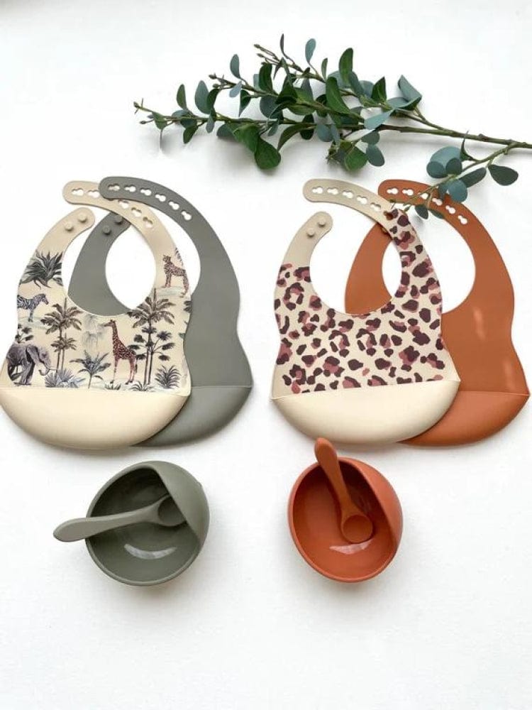 Silicone Bibs & Bowl Baby Feeding Set - Bibs X 2, Food Bowl and Spoon - Animal Print & Tan - Stylemykid.com