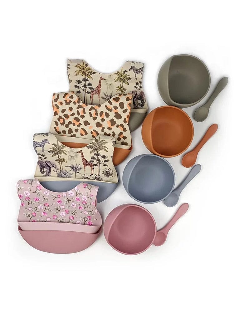 Silicone Bibs & Bowl Baby Feeding Set - Bibs X 2, Food Bowl and Spoon - Animal Print & Tan - Stylemykid.com
