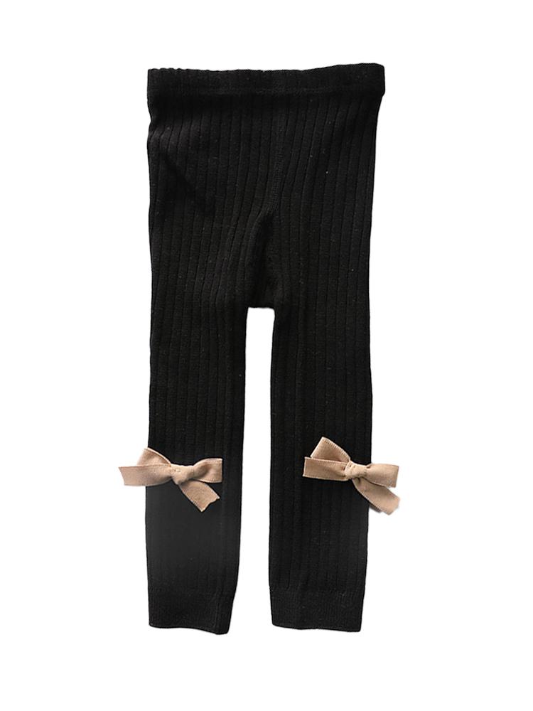Black Ribbon Bow Ribbed Footless Girls Tights/ Leggings - Stylemykid.com
