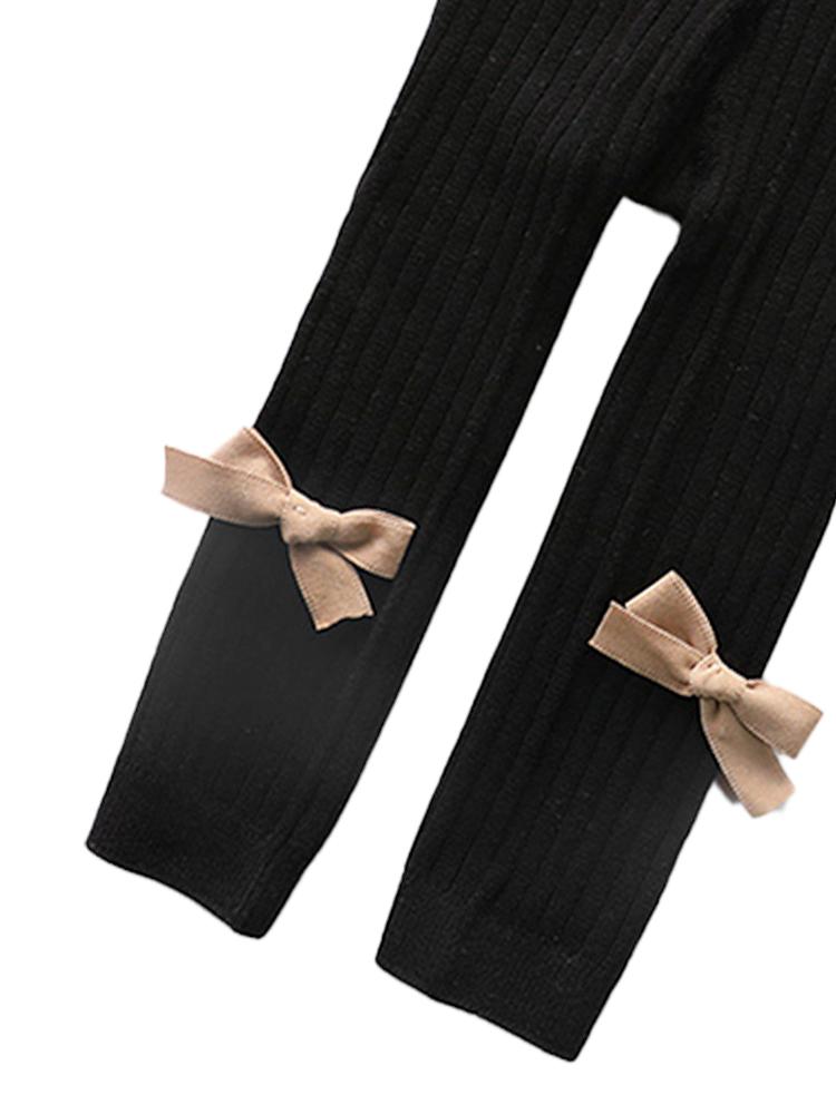 Black Ribbon Bow Ribbed Footless Girls Tights/ Leggings - Stylemykid.com