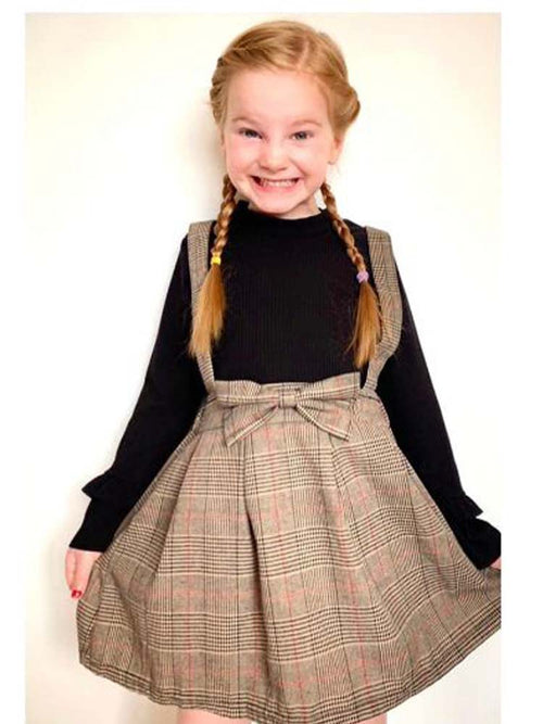 Classic Plaid Colour-Block Dress with Bow and Braces and Black Top - Stylemykid.com