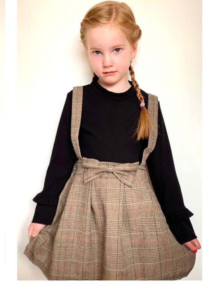 Classic Plaid Colour-Block Dress with Bow and Braces and Black Top - Stylemykid.com