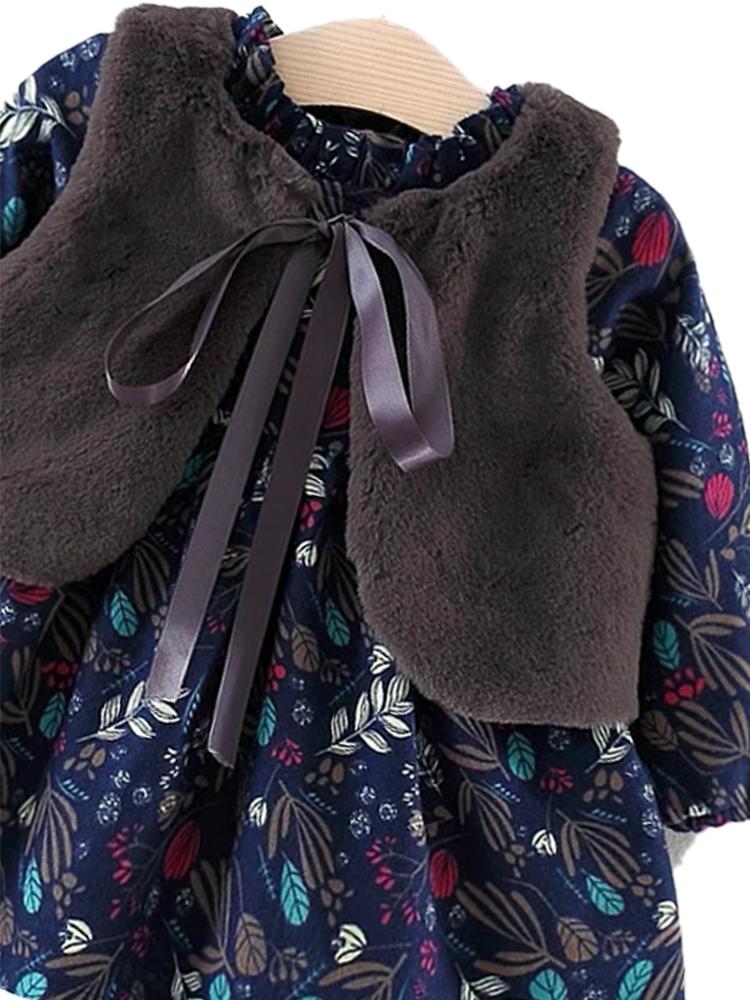 Winter Blossom Blue Flower Fleece Dress with Grey Faux Fur Gilet Set - Stylemykid.com