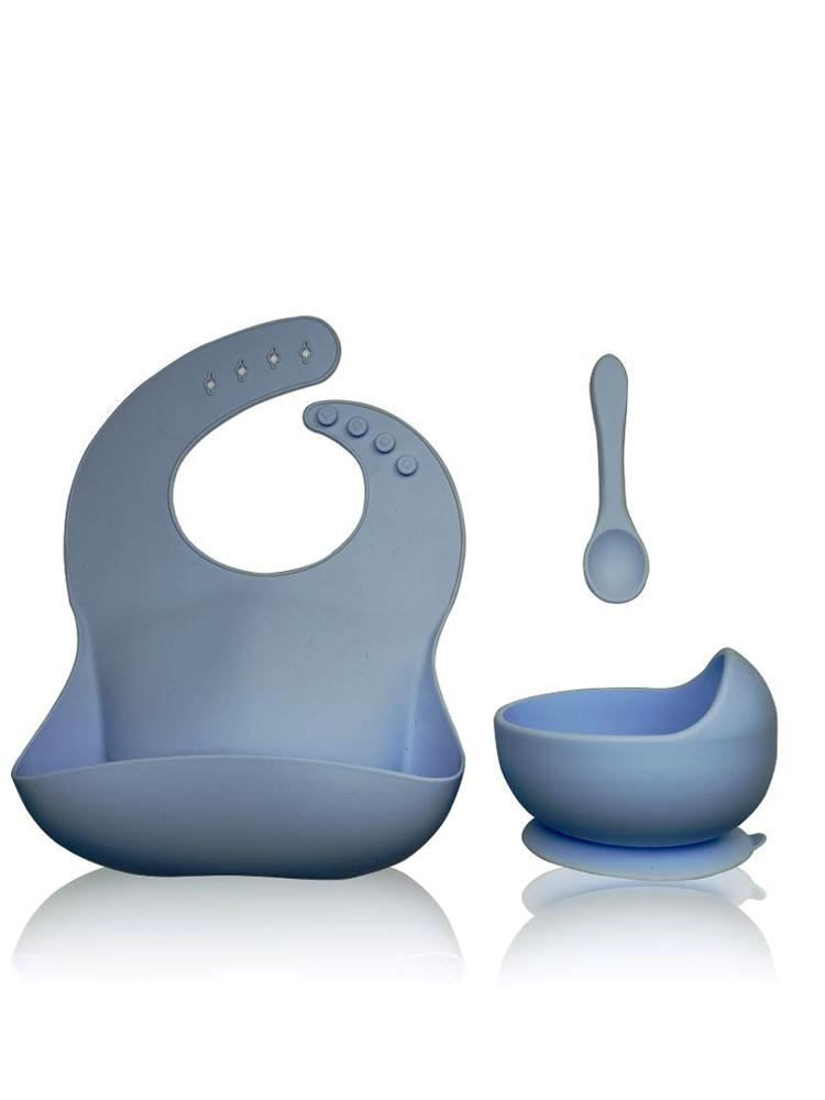 Blueberry Blue Bib Bowl and Spoon - Silicone Baby Bib, Food Bowl and Spoon - Stylemykid.com