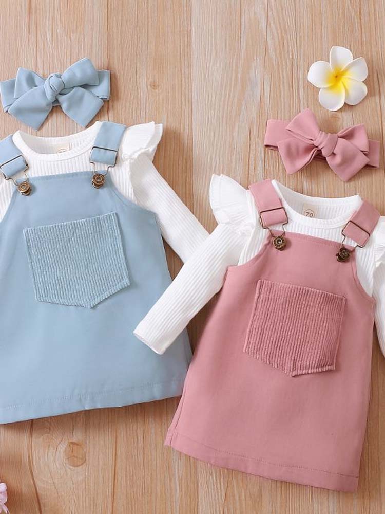 Baby Girl Pink Pinafore Dress, White Bodysuit & Matching Headband 3 Piece Outfit - 3-12Months - Stylemykid.com