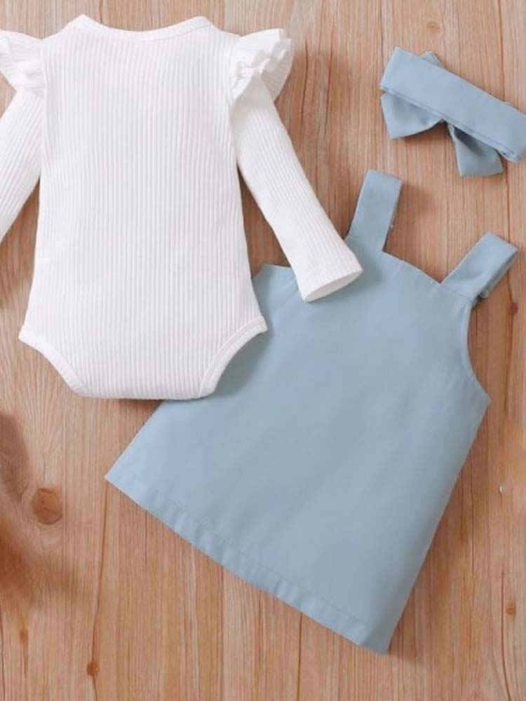 Baby Girl Blue Pinafore Dress, White Bodysuit & Matching Headband - 3 Piece Outfit - 6 TO 12 Months - Stylemykid.com