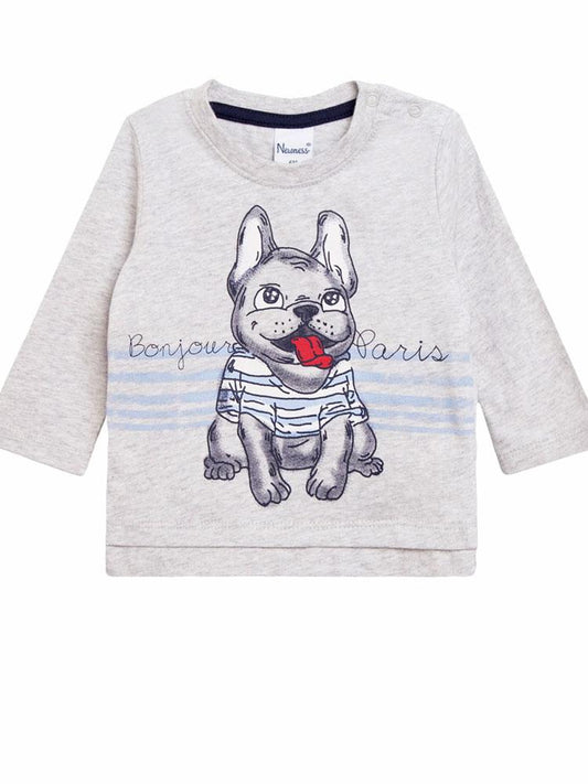 Bonjour Frenchie Bulldog - Light Grey Long Sleeve Top 9 to 12 months - Stylemykid.com