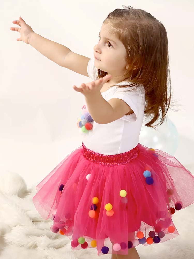 Girls Tulle Pom Pom Tutu Skirt Bright Pink