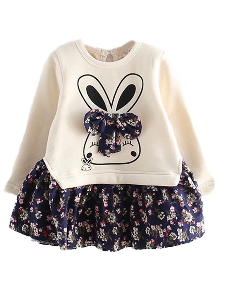 Bunny Bow Long Sleeve Top and Flared Flower Skirt Girls Dress - Cream & Dark Blue - Stylemykid.com