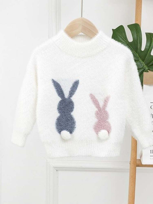 Girls Angora Fluffy Bunnies Jumper - White with faux fur bunny tail - Stylemykid.com