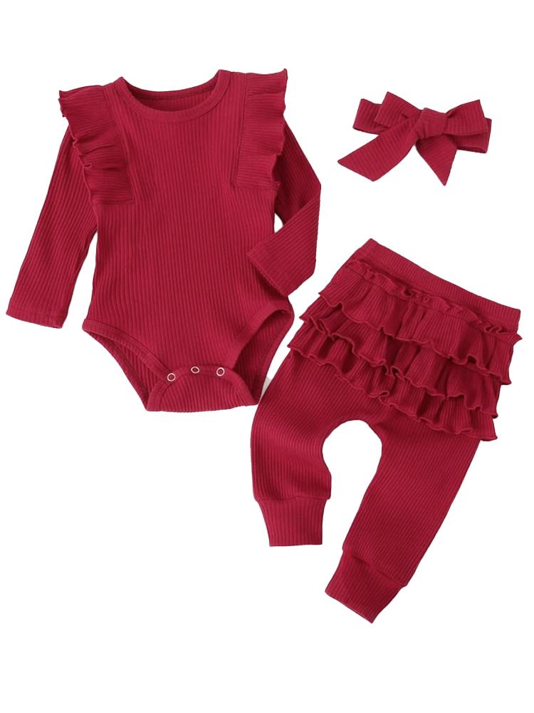 Burgundy Baby Girl 3 Piece Ruffle & Ribbed Bodysuit, Leggings & Headband Outfit - 3-12 Months - Stylemykid.com