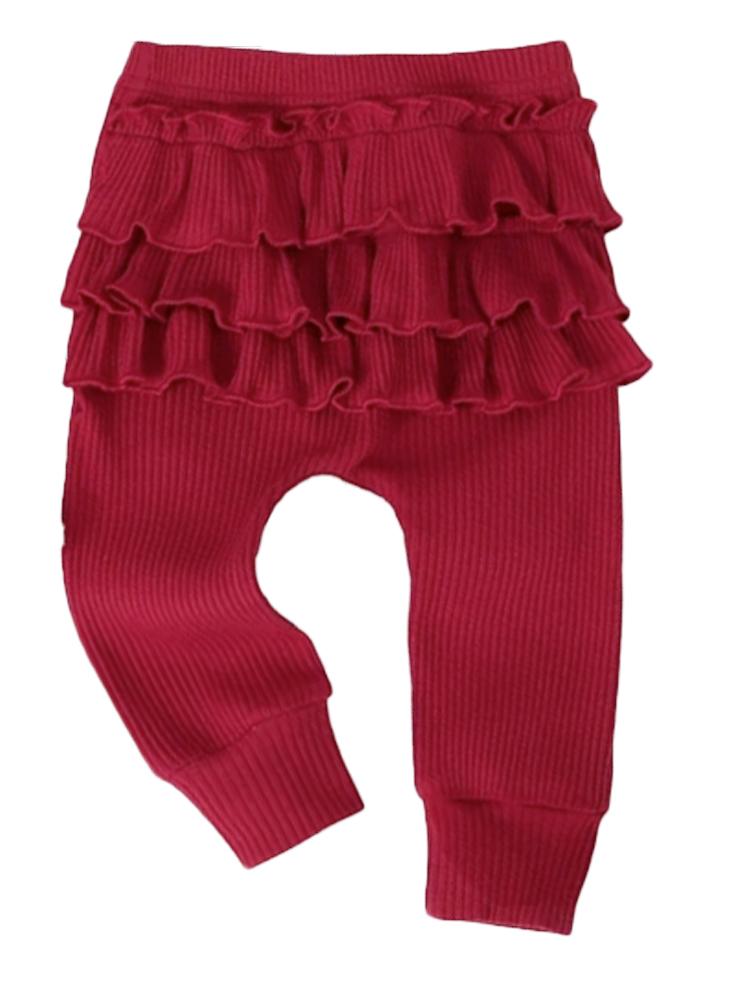 Burgundy Baby Girl 3 Piece Ruffle & Ribbed Bodysuit, Leggings & Headband Outfit - 3-12 Months - Stylemykid.com