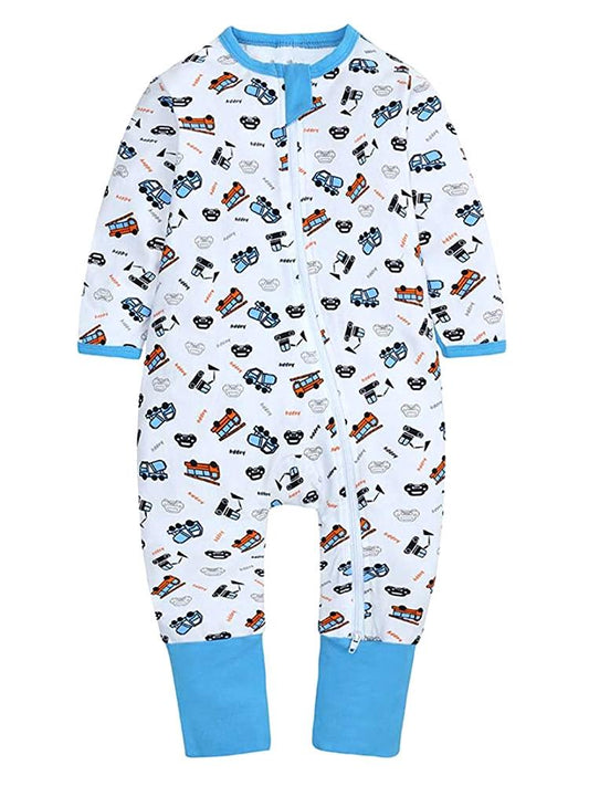 Busy Vehicles White Baby Zip Sleepsuit with Hand & Feet Cuffs - Stylemykid.com