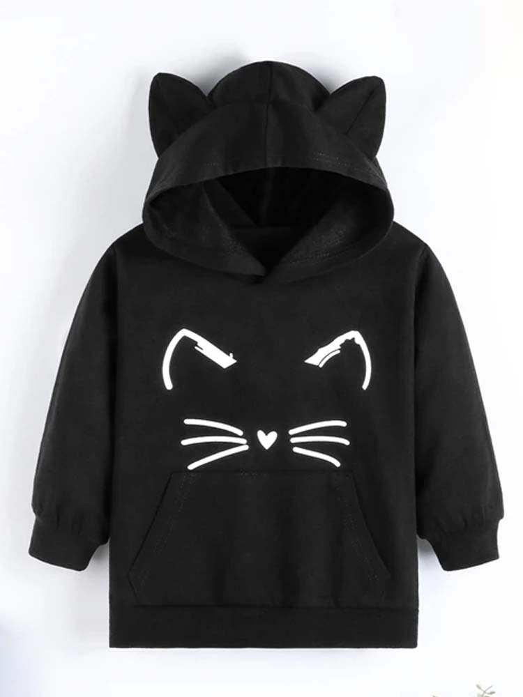 Girls Cat Face Hoodie with 3D Ears - Black and White - Stylemykid.com