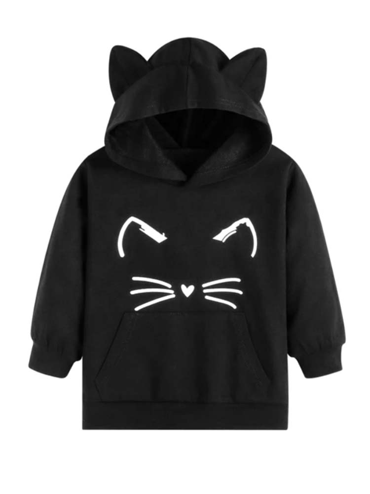 Girls Cat Face Hoodie with 3D Ears - Black and White - Stylemykid.com