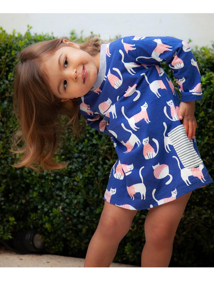 Counting Cats Patterned Navy & Pink Girls Dress - 18 months to 6/7 Years - Stylemykid.com