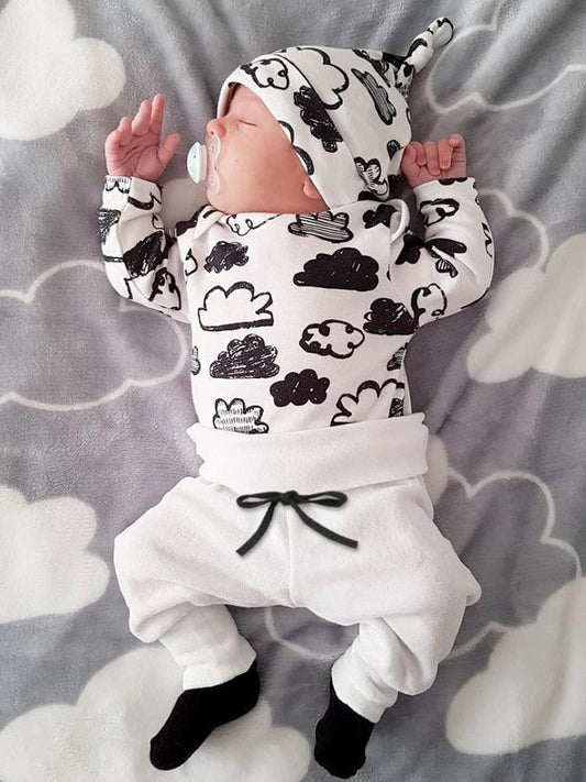 Clouds Baby Bodysuit, White Pants & Knotted Hat 3 Piece Outfit - Black & White 9 to 12 months - Stylemykid.com