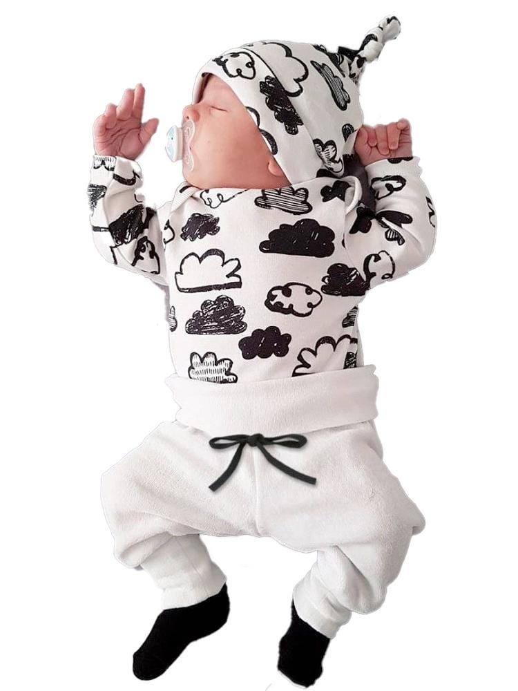 Clouds Baby Bodysuit, White Pants & Knotted Hat 3 Piece Outfit - Black & White 9 to 12 months - Stylemykid.com