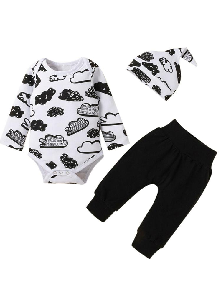 Clouds Baby Bodysuit, Black Bottoms & Knotted Hat - 3 Piece Outfit - Black & White Clouds - Stylemykid.com