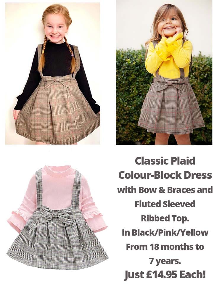 Classic Plaid Colour-Block Dress with Bow and Braces with Yellow Top - Stylemykid.com