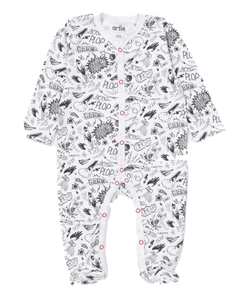 Artie - Pop Comic Black & White Patterned Baby Footed Sleepsuit - 9 to 18 months - Stylemykid.com