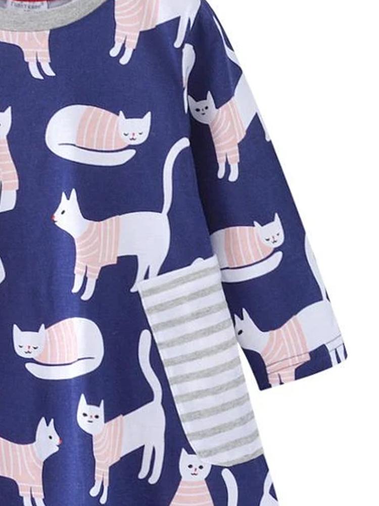 Counting Cats Patterned Navy & Pink Girls Dress - 18 months to 6/7 Years - Stylemykid.com