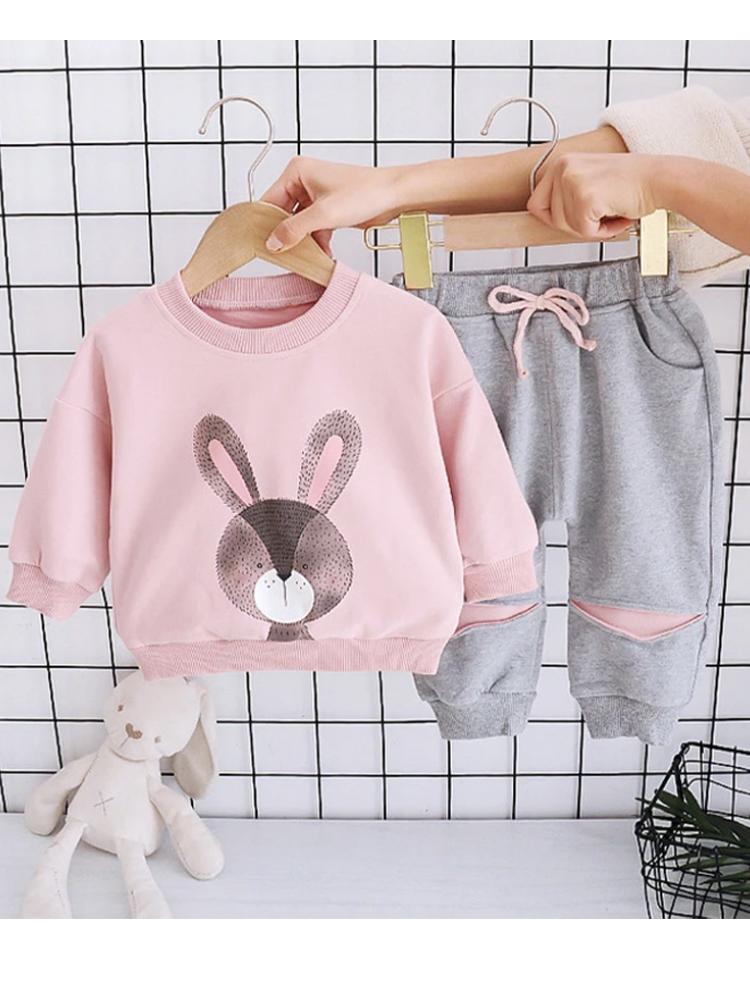 Cute Bunny Pink and Grey Sweatshirt & Bottoms 2 Piece Outfit - 12M to 4Y - Stylemykid.com