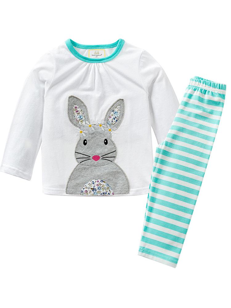 White Bunny Top with Turquoise Blue Striped Leggings - Girls 2 Piece Set - Stylemykid.com