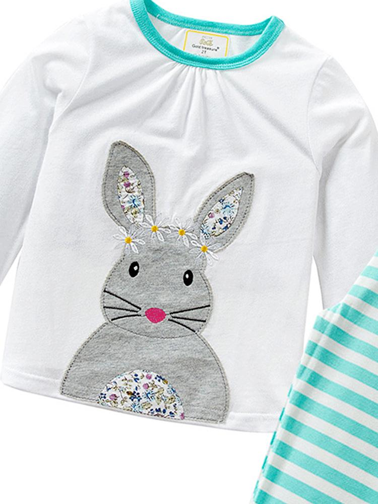 White Bunny Top with Turquoise Blue Striped Leggings - Girls 2 Piece Set - Stylemykid.com