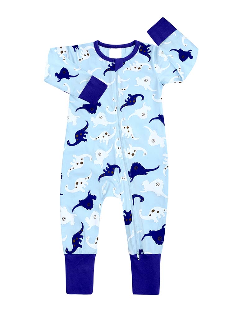 Dancing Dinosaurs Baby Zip Sleepsuit with Hand & Feet Cuffs - Blue and White - Stylemykid.com
