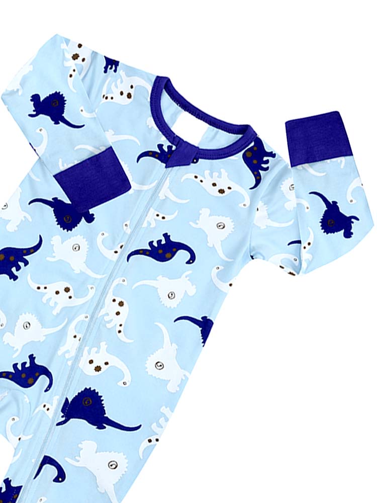 Dancing Dinosaurs Baby Zip Sleepsuit with Hand & Feet Cuffs - Blue and White - Stylemykid.com