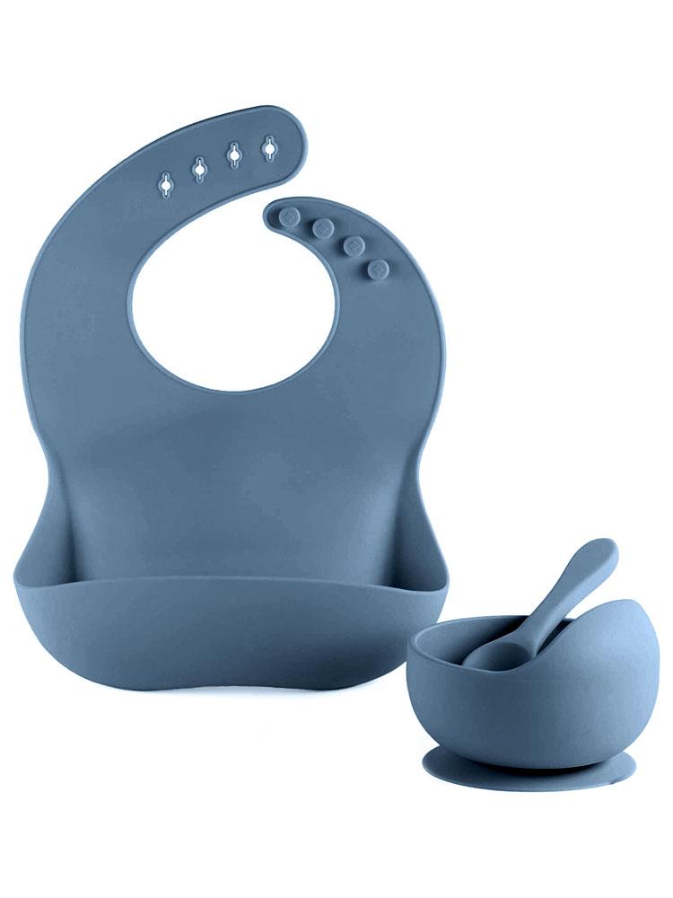 Blueberry Blue Bib Bowl and Spoon - Silicone Baby Bib, Food Bowl and Spoon - Stylemykid.com